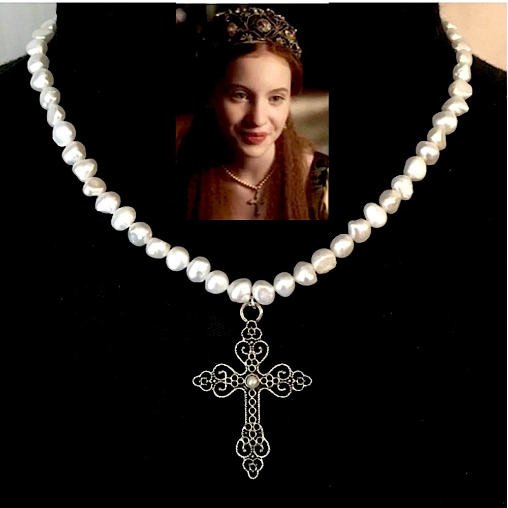 Tudors Elizabeth Real Pearls with Renaissance Cross Necklace, Handmade Replica